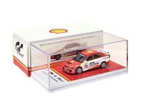 Tarmac Works - 998 Lancer Evolution V GSR Right Hand Drive Red & White w/Yellow Stripes Shell x Gran Turismo® 7