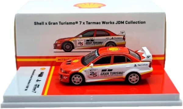 Tarmac Works - 998 Lancer Evolution V GSR Right Hand Drive Red & White w/Yellow Stripes Shell x Gran Turismo® 7 - obrazek 2