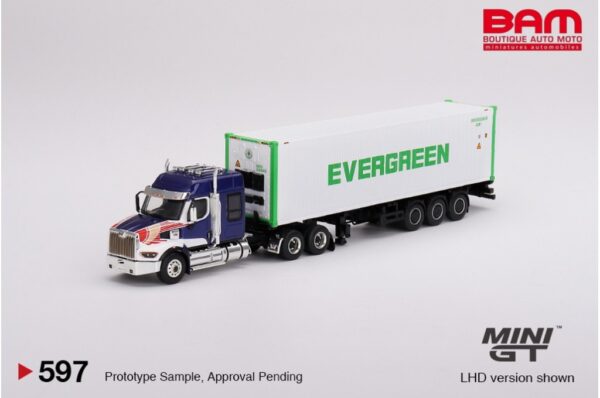 Mini GT - 597 Western Star 49X Blue w/ 40' Reefer Container "EVERGREEN"